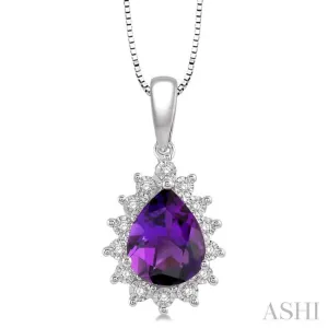 1/10 Ctw Pear Shape 9x6 MM Amethyst & Round Cut Diamond Semi Precious Pendant in 10K White Gold