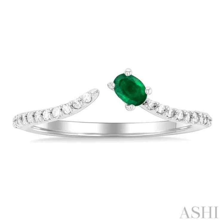 1/10 ctw Petite 4X3 MM Oval Cut Emerald and Round Cut Diamond Precious Fashion Ring in 10K White Gold