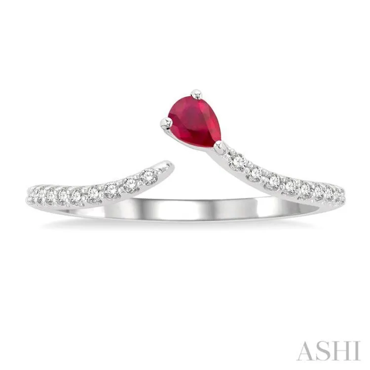 1/10 ctw Petite 4X3 MM Pear Cut Ruby and Round Cut Diamond Precious Fashion Ring in 10K White Gold