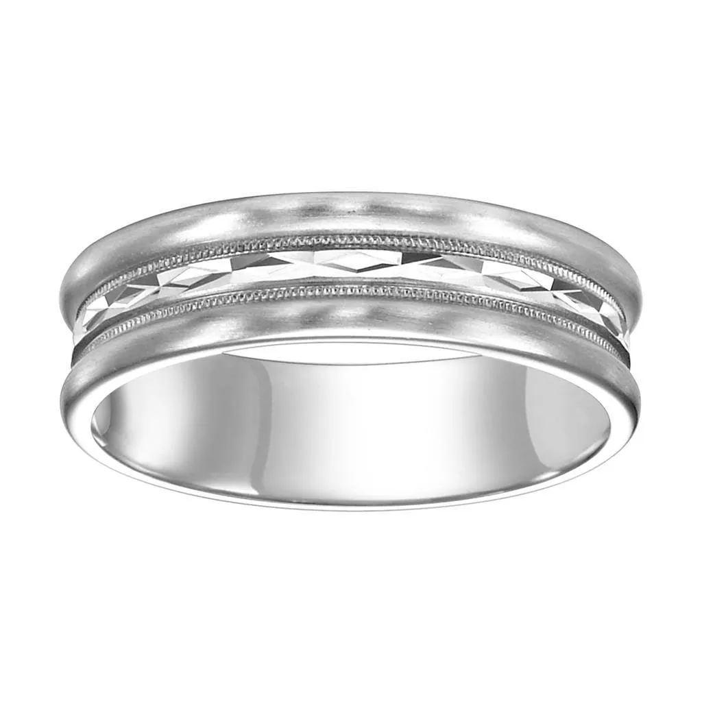 14k White Gold Diamond Cut Center Brushed Finished Raised Round Edges Men's Wedding Ring - 4mm - 8mm