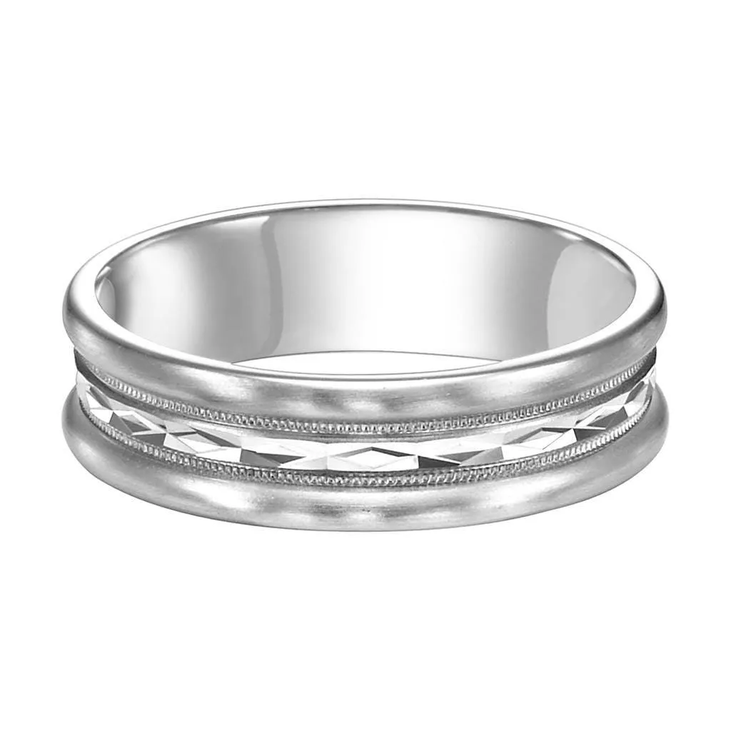 14k White Gold Diamond Cut Center Brushed Finished Raised Round Edges Men's Wedding Ring - 4mm - 8mm