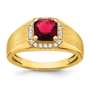 14k Yellow Gold Cushion Created Ruby and Diamond Mens Ring