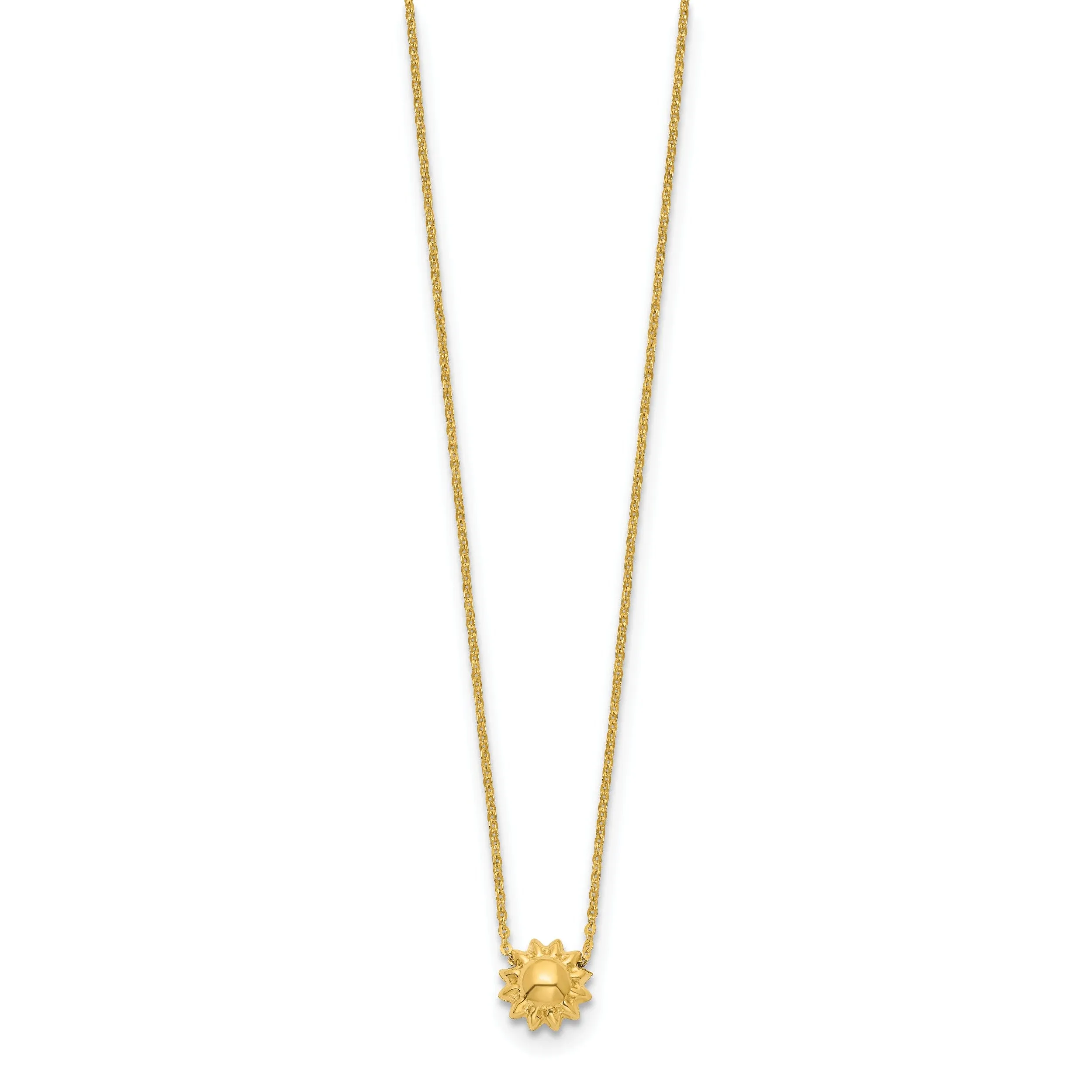 14k Yellow Gold Semi-Solid Polished Finish 3-Dimensional Puffed Sun Style Pendant in a 16.5-Inch Cable Chain Necklace Set