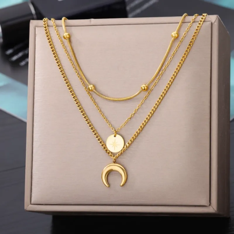 18K Gold Three Layer Star Moon Design Pendant Necklace Stainless Steel