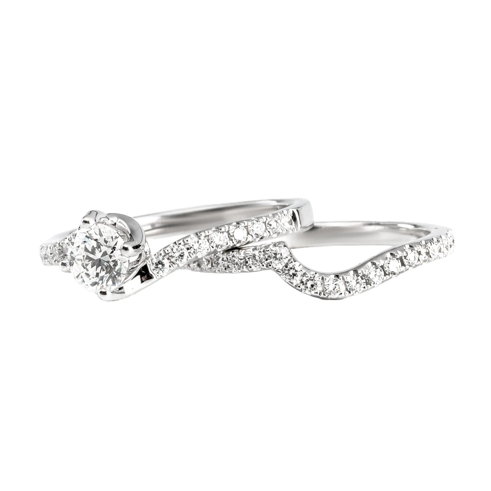 18K White Gold Diamond Engagement Ring with matching Diamond Curved Wedding Band - 20617585