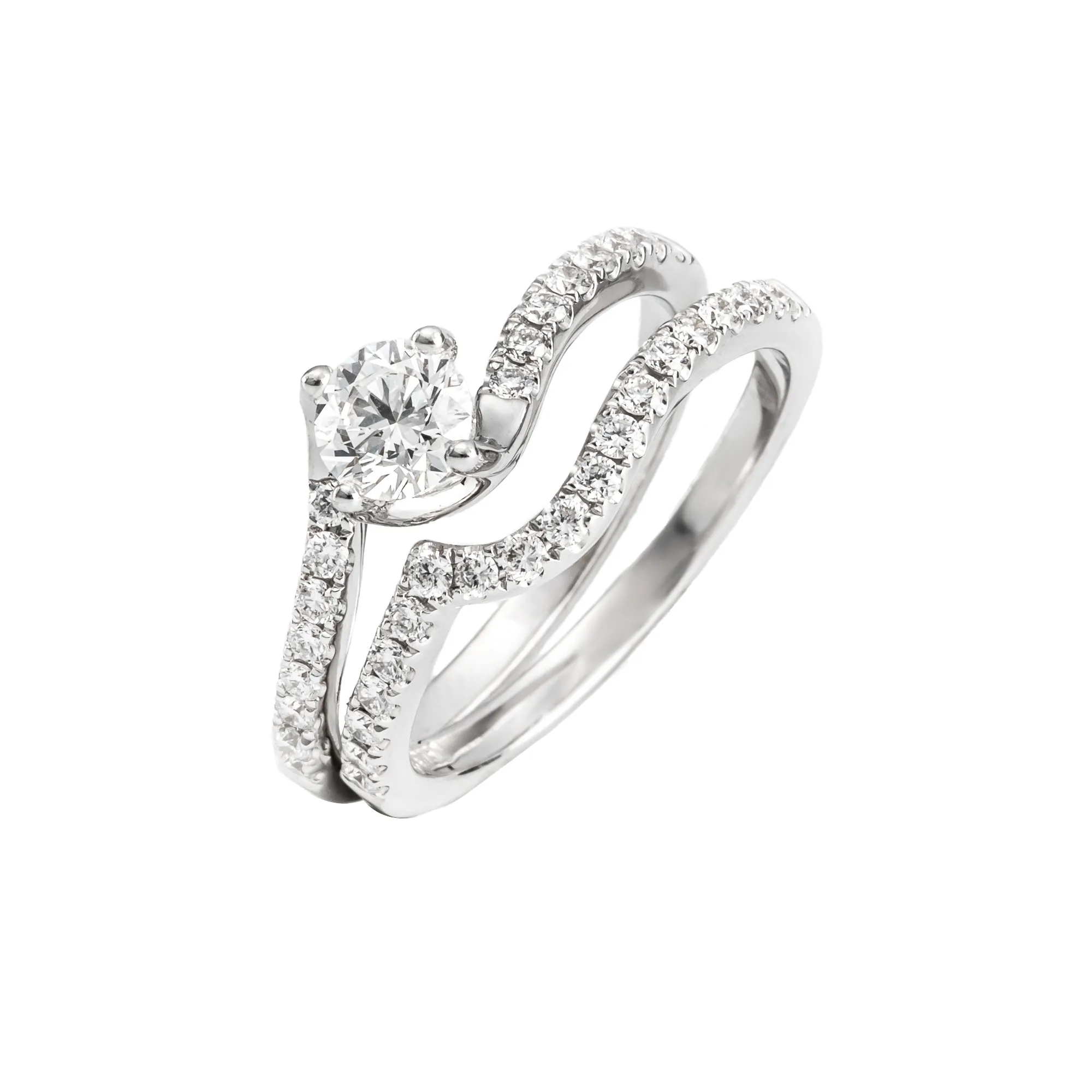 18K White Gold Diamond Engagement Ring with matching Diamond Curved Wedding Band - 20617585