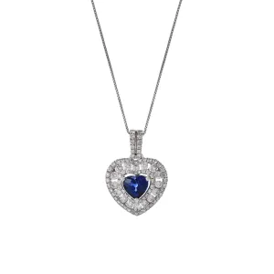 18KT White Gold Heart Shaped Blue Sapphire and Diamond Pendant