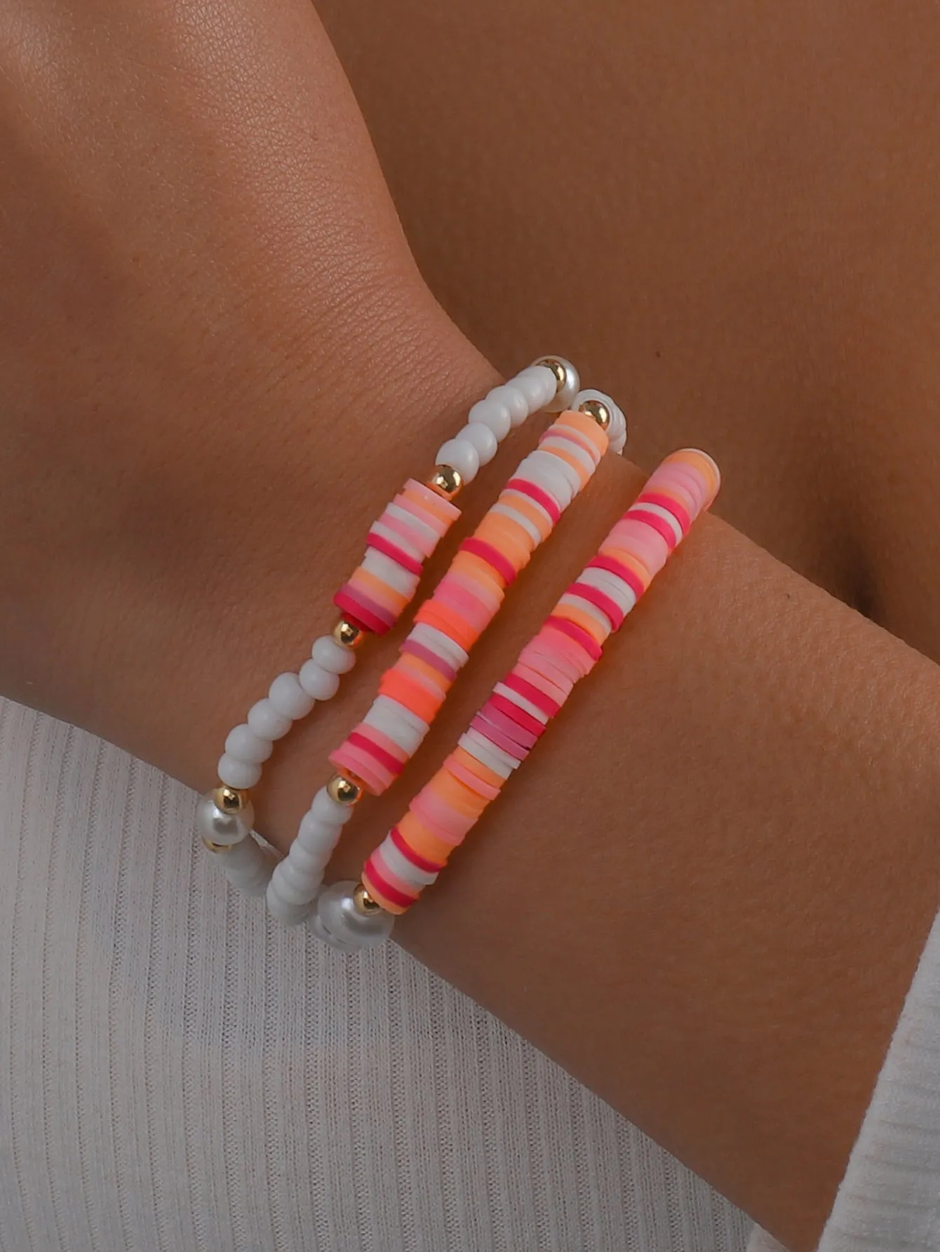 3pcs Faux Pearl Decor Orange Pink Beaded Bracelet Women Bracelet Stackable