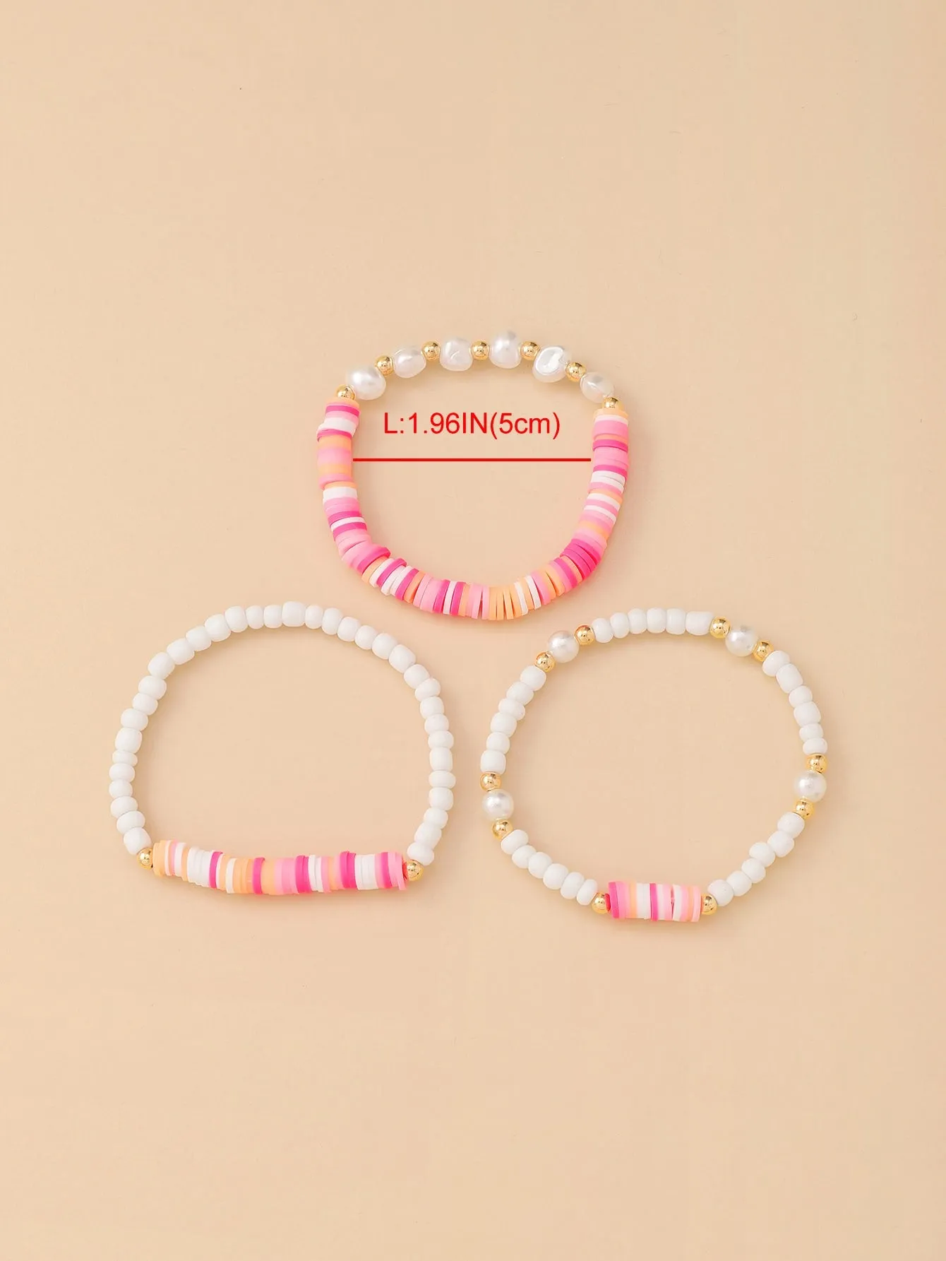 3pcs Faux Pearl Decor Orange Pink Beaded Bracelet Women Bracelet Stackable