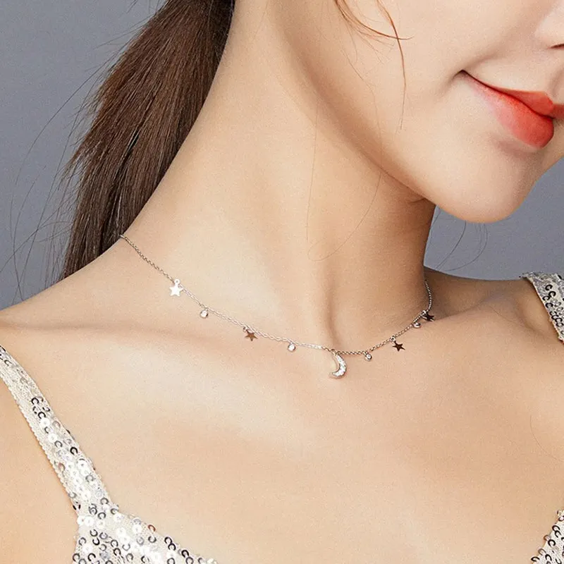 925 Sterling Silver White Moon & Star Pendant Necklace for Women Chain Link Necklaces Silver 925 Jewelry