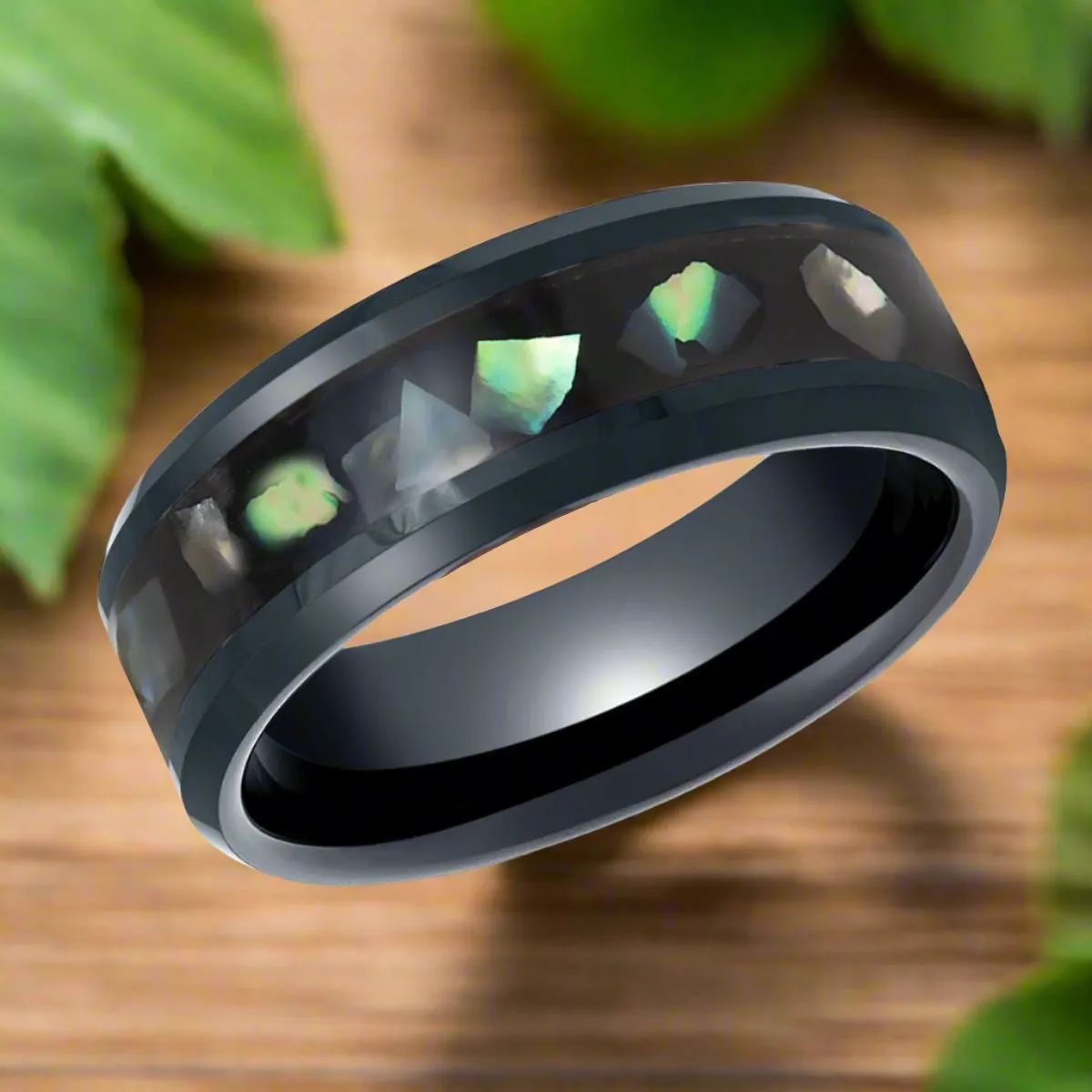 ABALONX | Black Tungsten Ring, Black Resin & Abalone Shell Inlay