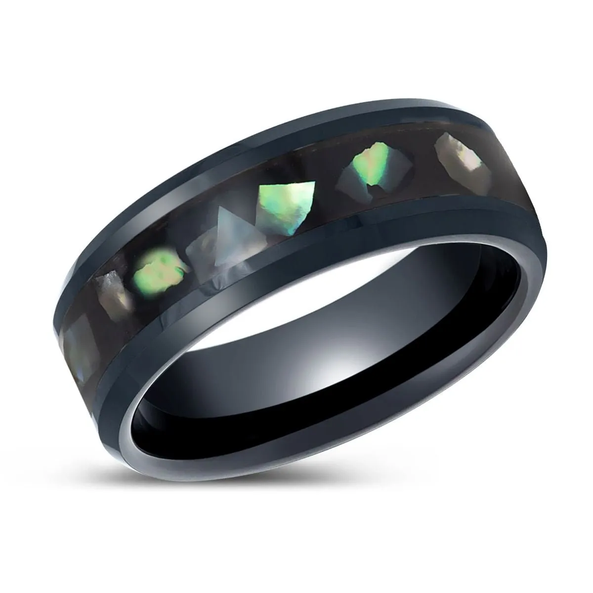 ABALONX | Black Tungsten Ring, Black Resin & Abalone Shell Inlay