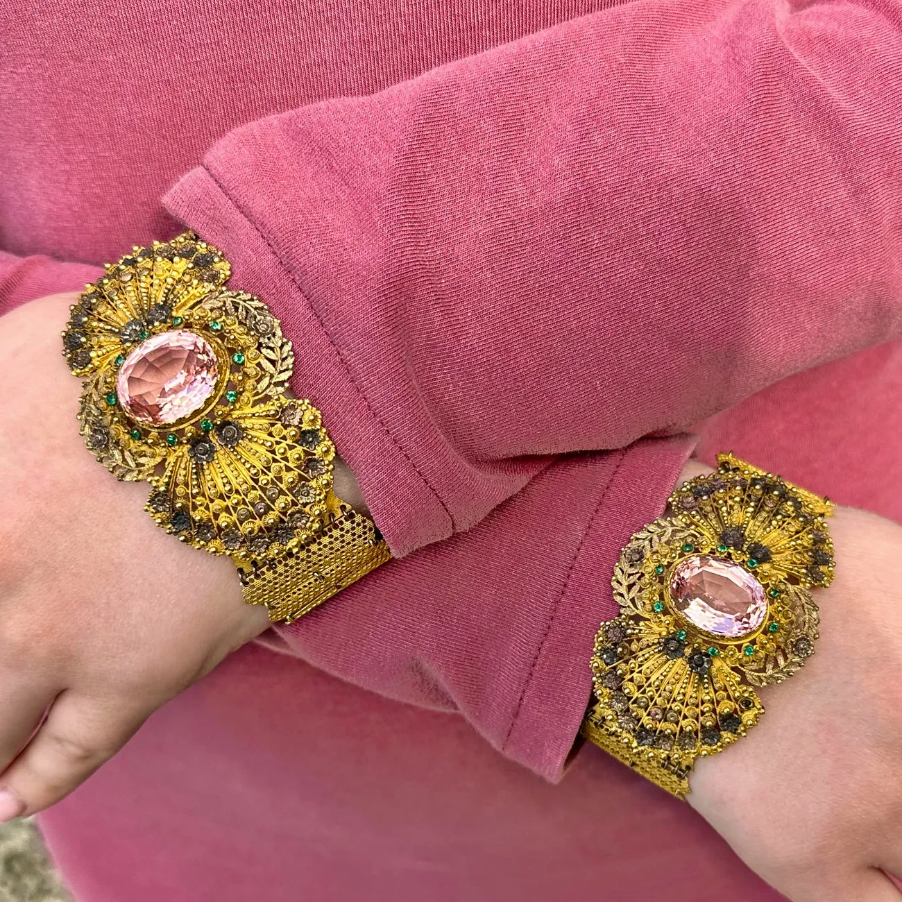 Antique Georgian Pink Paste Double Bracelet And Collar Set