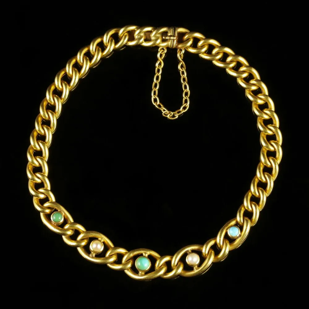 Antique Victorian Turquoise Pearl Bracelet 15Ct Gold Circa 1900