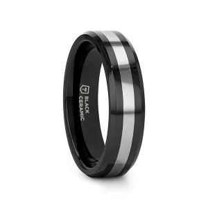 ASTADI Polished Black Beveled Ceramic Ring with Tungsten Inlay - 6mm & 8mm (Limited Stock)