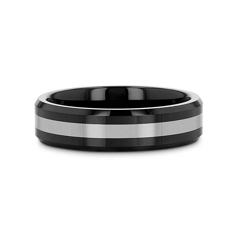 ASTADI Polished Black Beveled Ceramic Ring with Tungsten Inlay - 6mm & 8mm (Limited Stock)