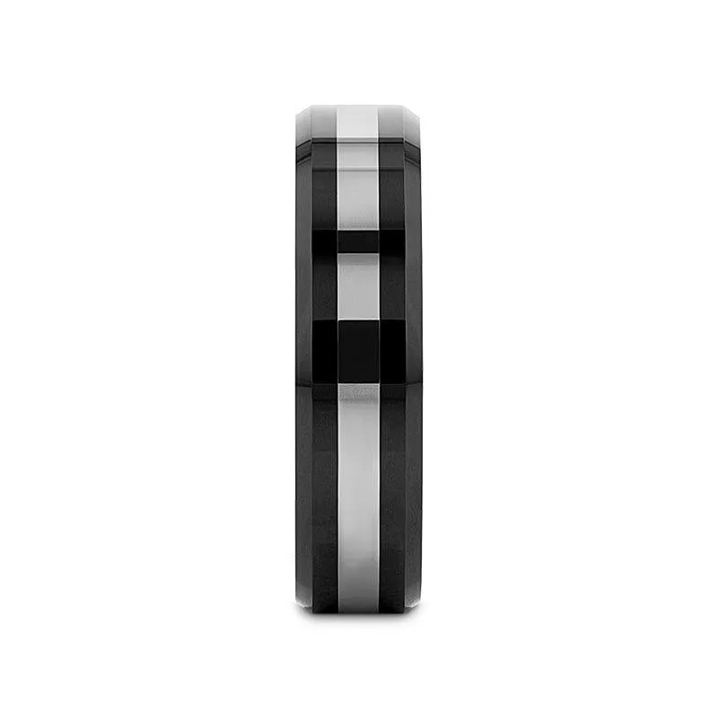 ASTADI Polished Black Beveled Ceramic Ring with Tungsten Inlay - 6mm & 8mm (Limited Stock)