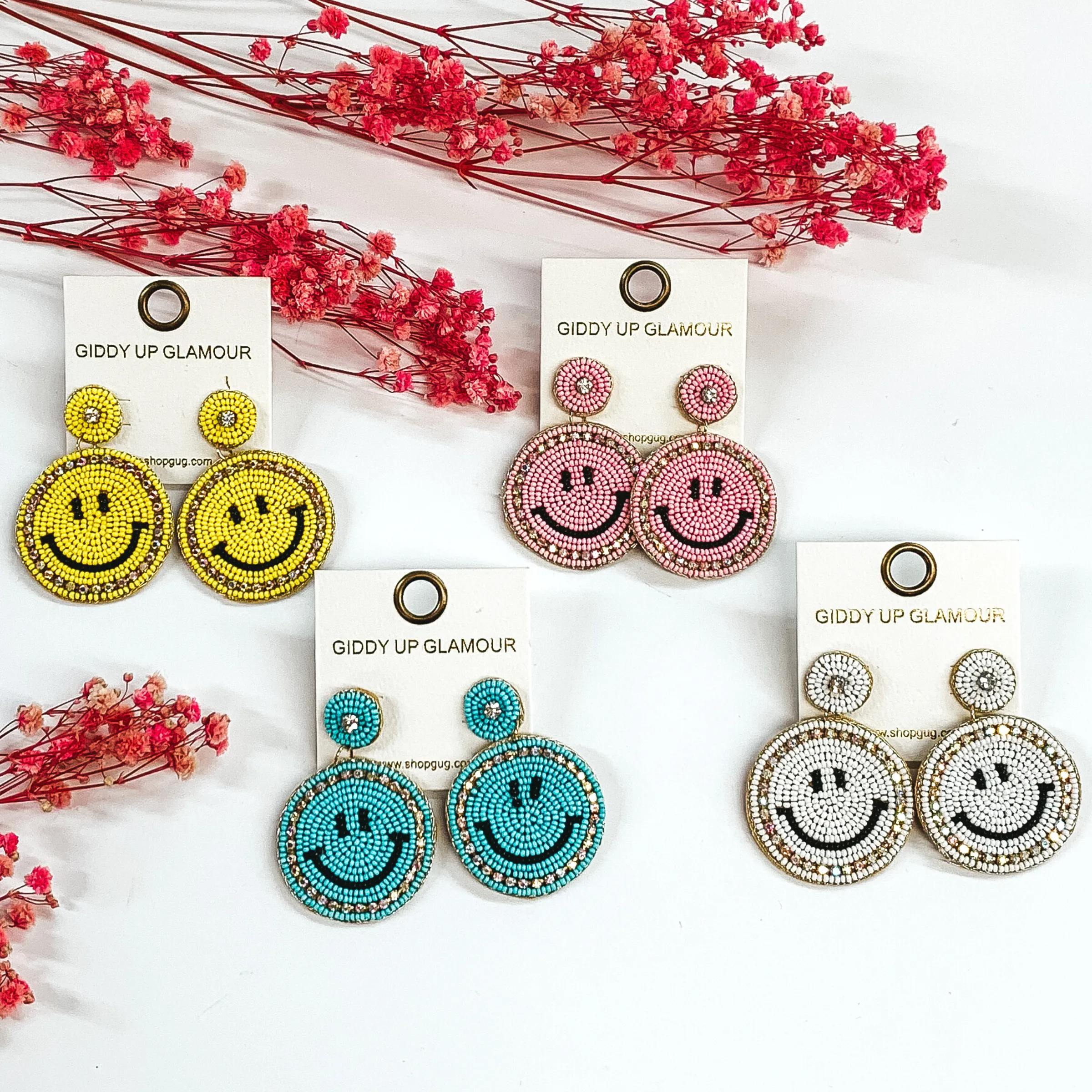 Beaded Happy Face Circle Drop Earrings with Crystal Outline in Aqua