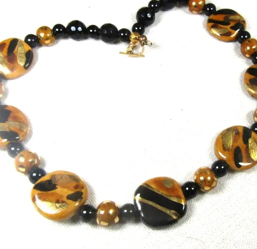 Black & Gold Kazuri Handmade Bead Necklace