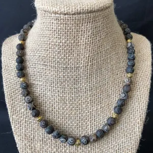 Black and Gray Swirl Matte Agate Mens Beaded Necklace