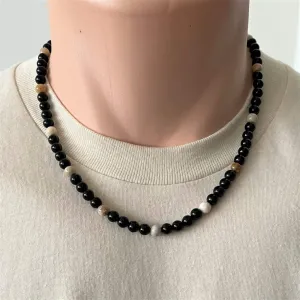 Black Onyx Fossil Jasper Mens Beaded Necklace