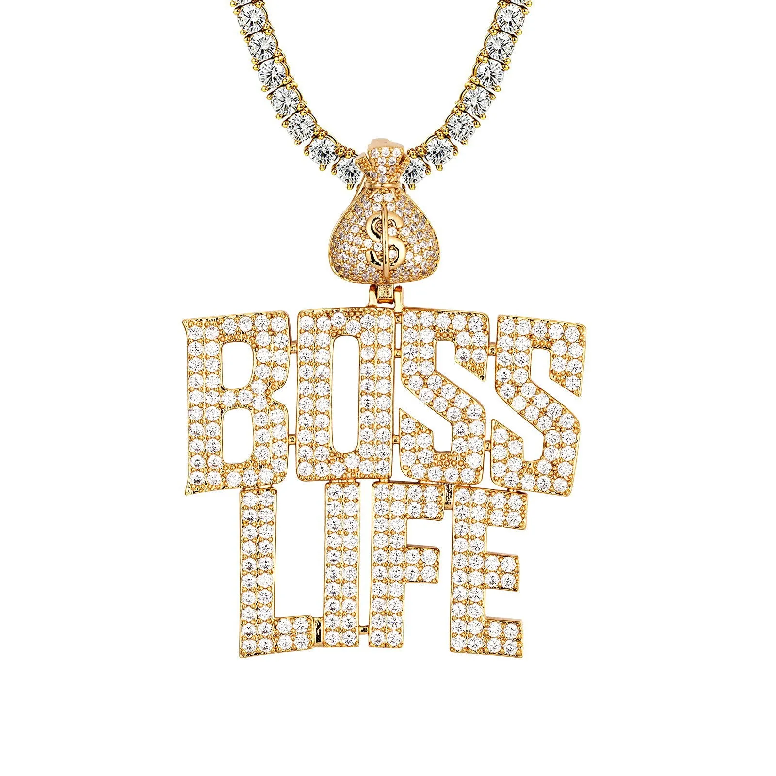 Boss Life Money Rich Dollar Bag Mens Gold Tone Custom Pendant