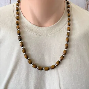 Brown Wood Barrel and Silver Beaded Mens Necklace