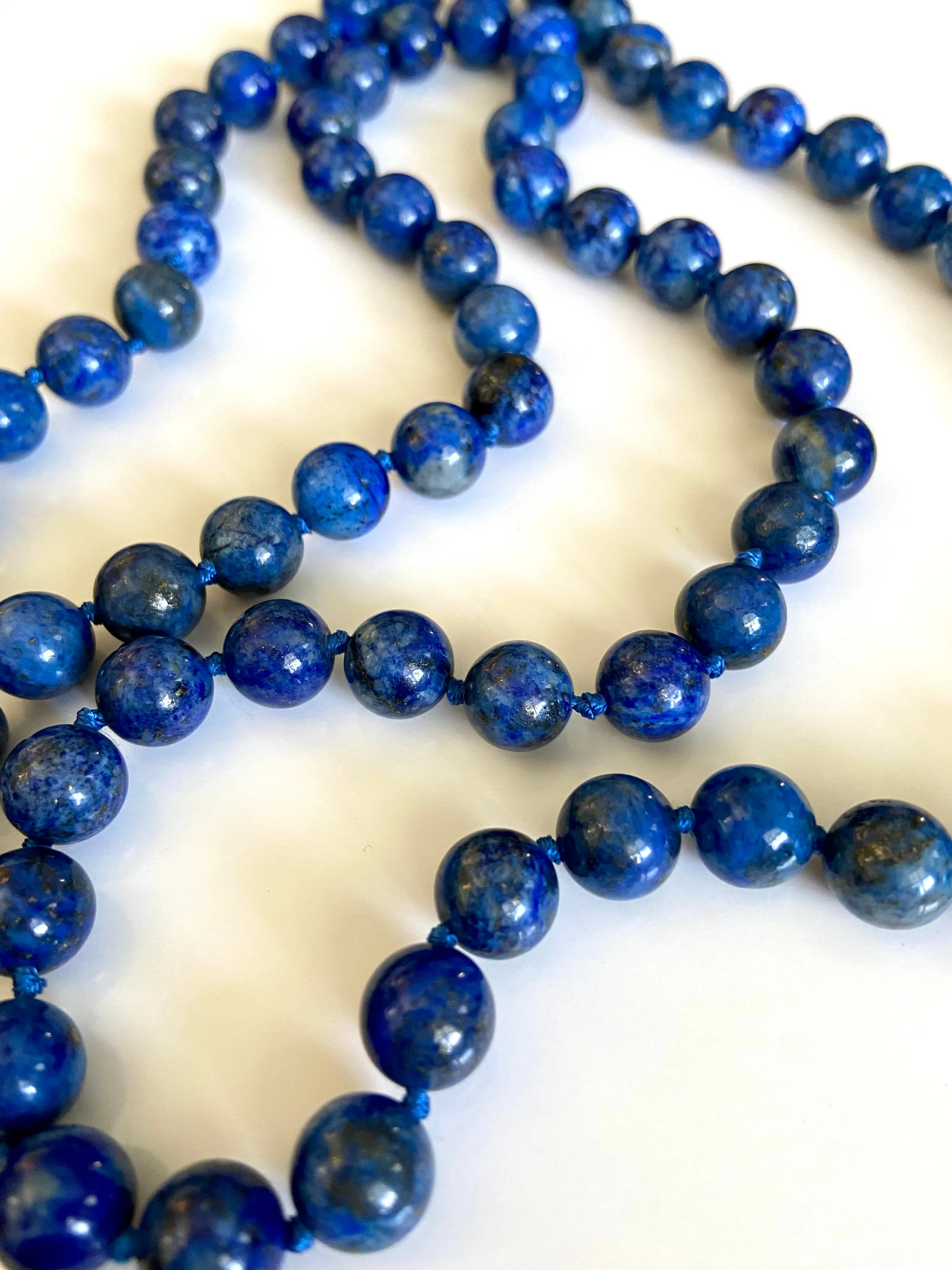 Classic Double-Knotted Lapis Lazuli Gemstone Necklace 36"