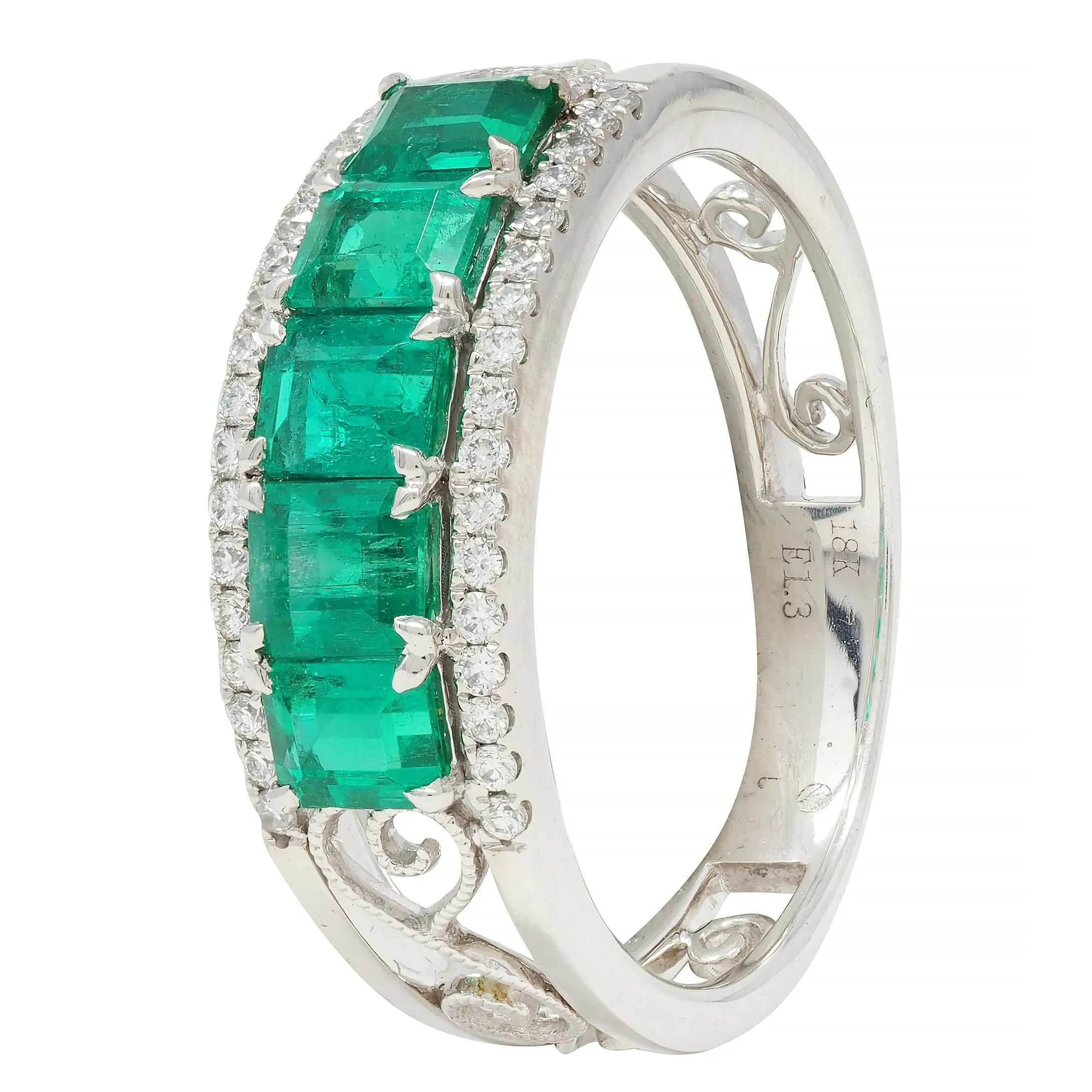 Contemporary 1.47 CTW Emerald Diamond 18 Karat White Gold Heart Band Ring