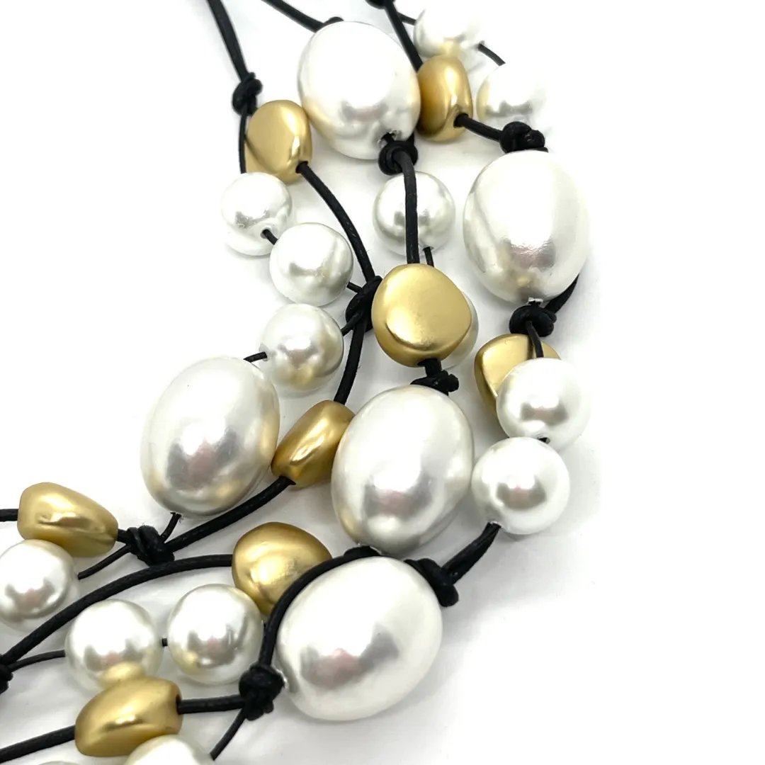 Cotton And Glass Pearl With Matte Black Crystal Torsade Necklace