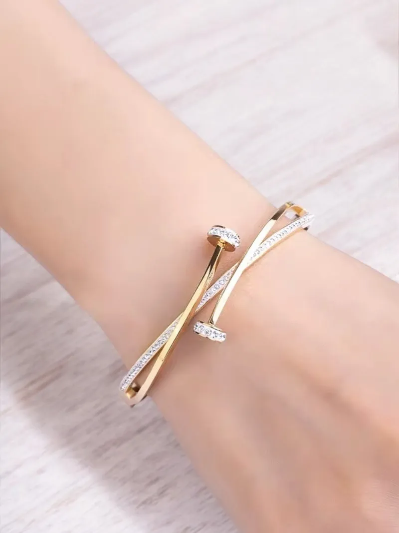 Crystal Pave Nail Stainless Steel Bangle