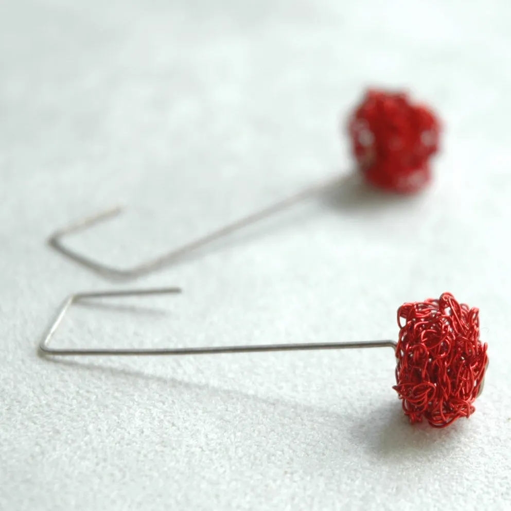 Cube RED earrings - Wire Crochet Earrings - Modern Jewelry - Geometric Earrings - Urban Fashion