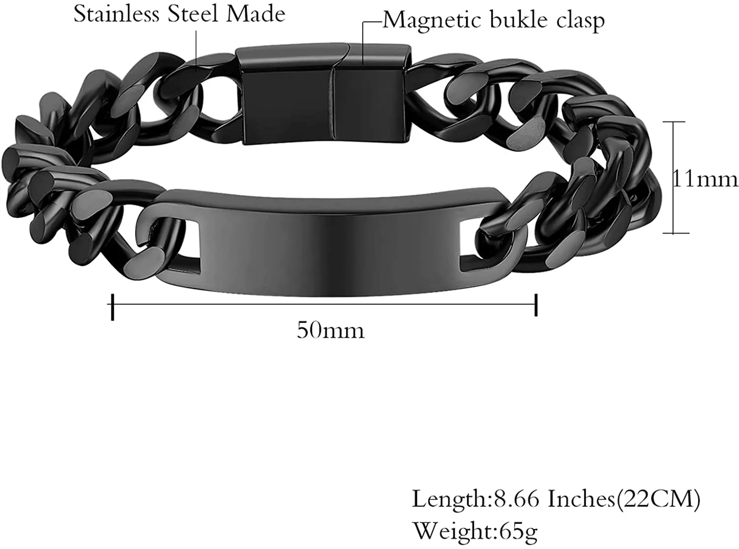 Customize Engrave ID Name Bar Bracelet for Men Stainless Steel Cuban Curb Link Chain Personalized Bracelets with Magnetic Buckle Clasp