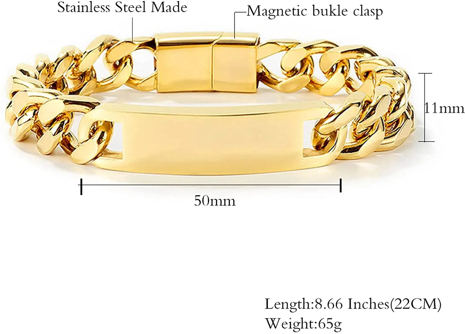 Customize Engrave ID Name Bar Bracelet for Men Stainless Steel Cuban Curb Link Chain Personalized Bracelets with Magnetic Buckle Clasp