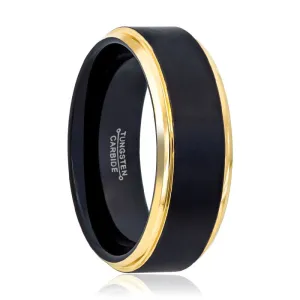 DEIMOS | Black Tungsten Ring, Brushed, Gold Stepped Edge