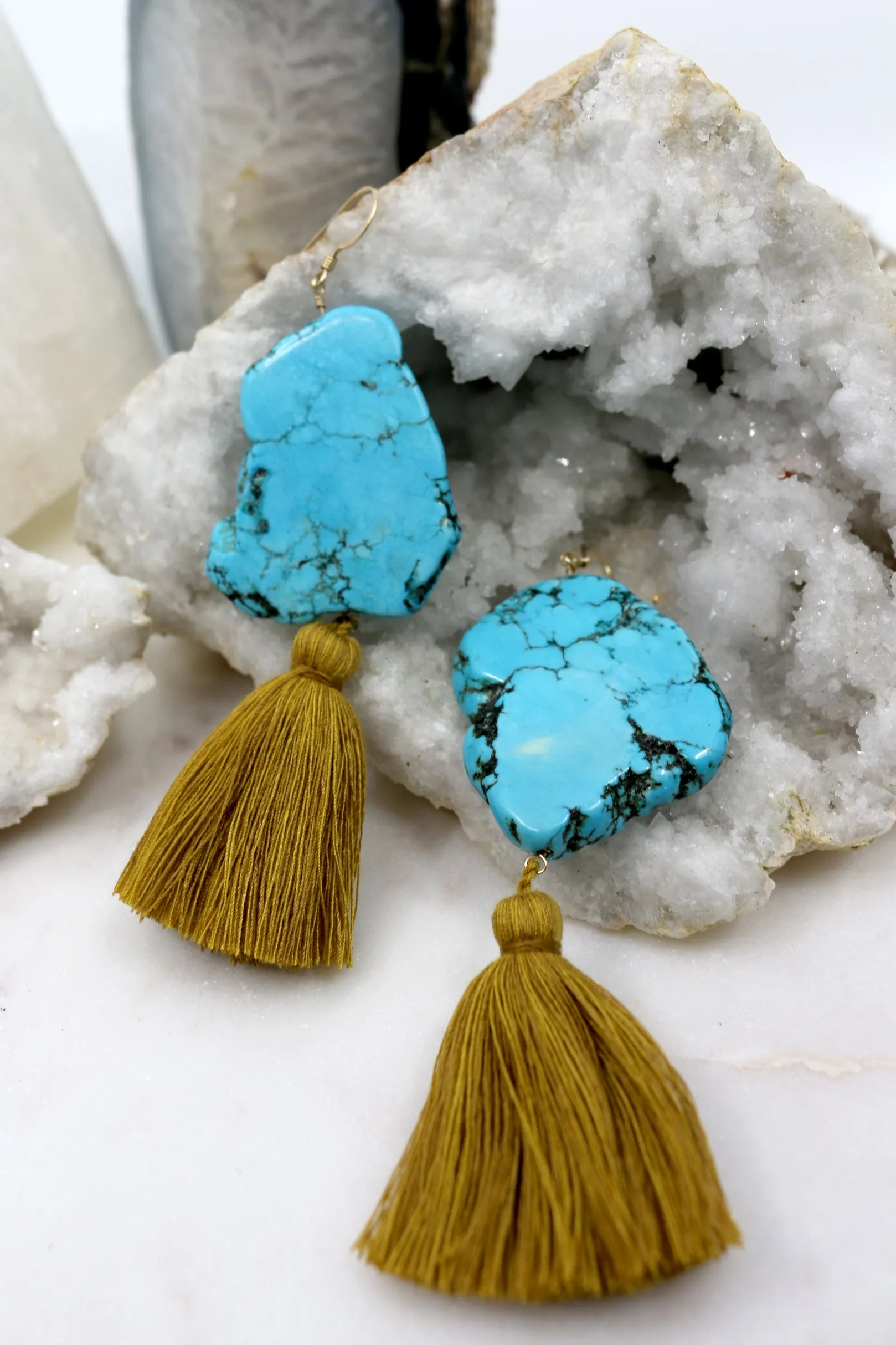 Desert Luck // Turquoise Chunk Tassel Earrings, Gold or Silver, Boho Jewelry // BH-E021