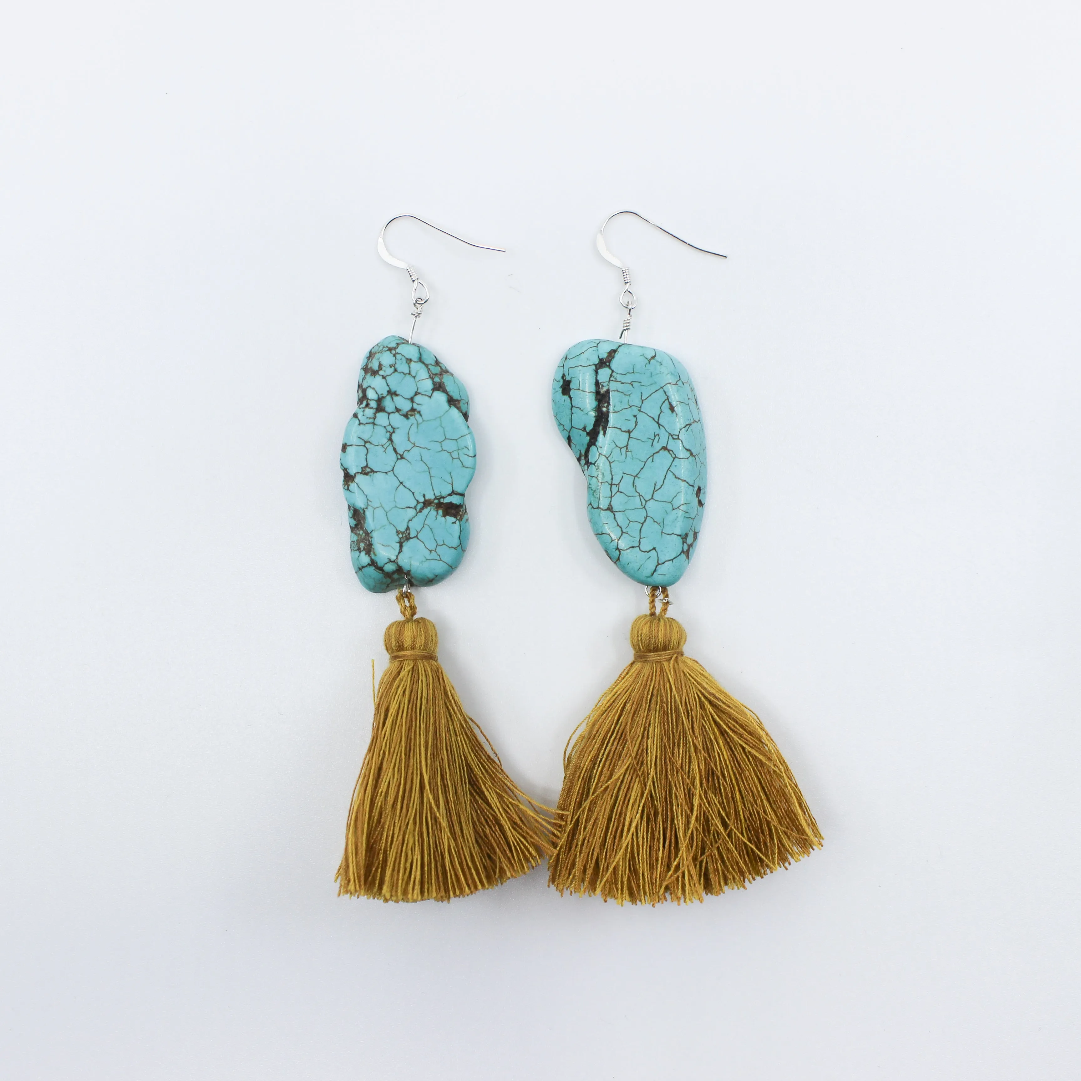 Desert Luck // Turquoise Chunk Tassel Earrings, Gold or Silver, Boho Jewelry // BH-E021