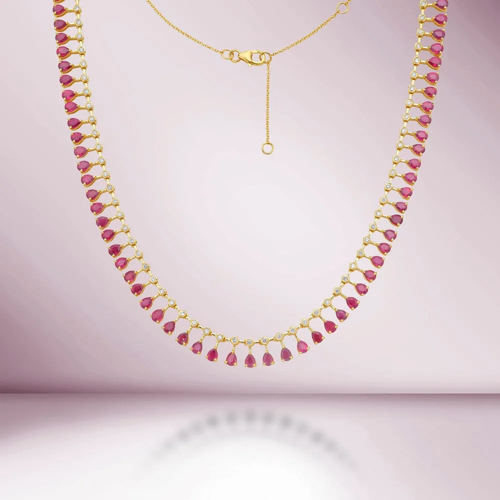 Diamond & Dangling Pear Shape Pink Sapphire Choker Necklace (17.00 ct.) in 14K Gold