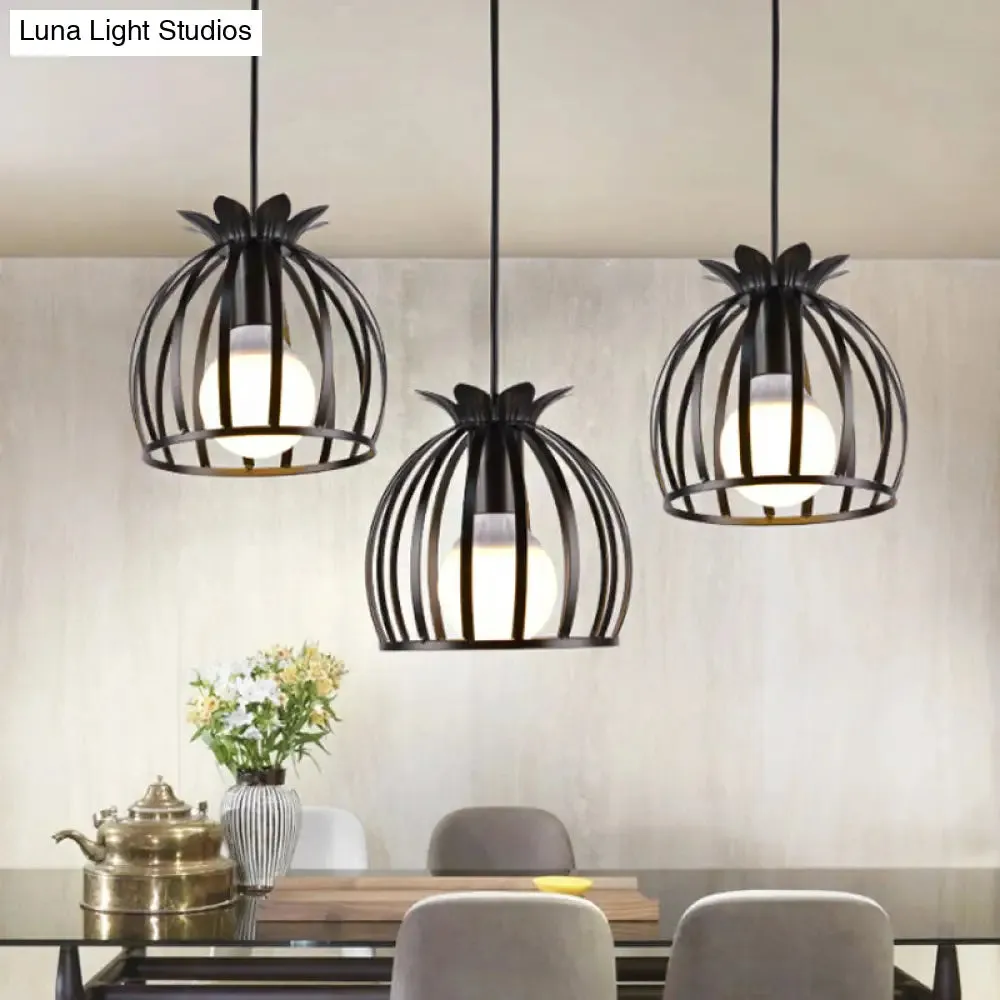 Dome Cage Pendant Light with 3 Heads in Metallic Loft Style for Dining Room - Black/White