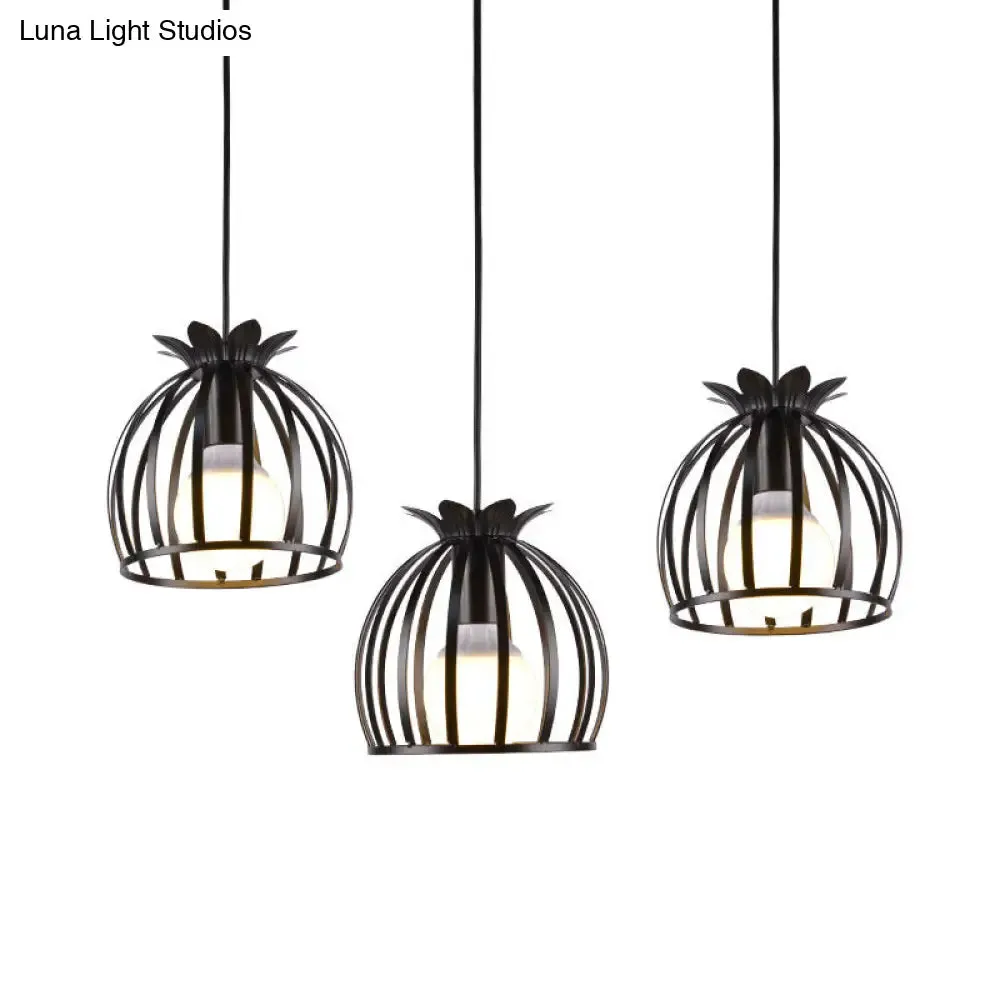 Dome Cage Pendant Light with 3 Heads in Metallic Loft Style for Dining Room - Black/White