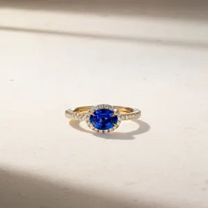 East-West Sapphire and Diamond Halo Ring