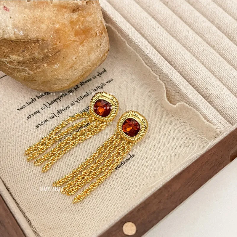 Elegant Gold Chain Tassel Earrings with Amber Stone Accent-jlt11600