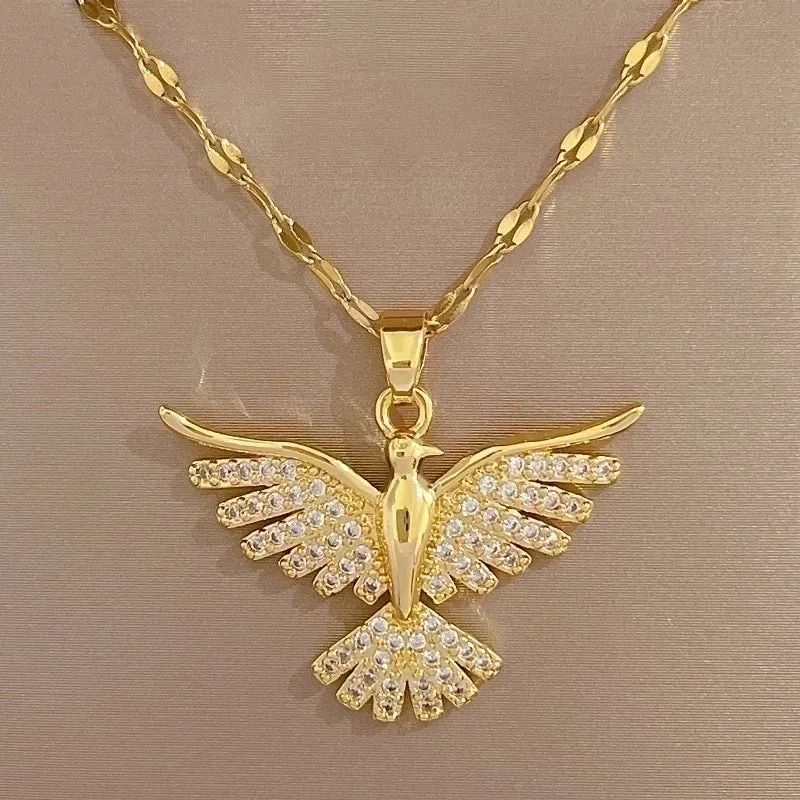 Elegant Luxurious Phoenix Stainless Steel Copper Plating Inlay Rhinestones Pendant Necklace