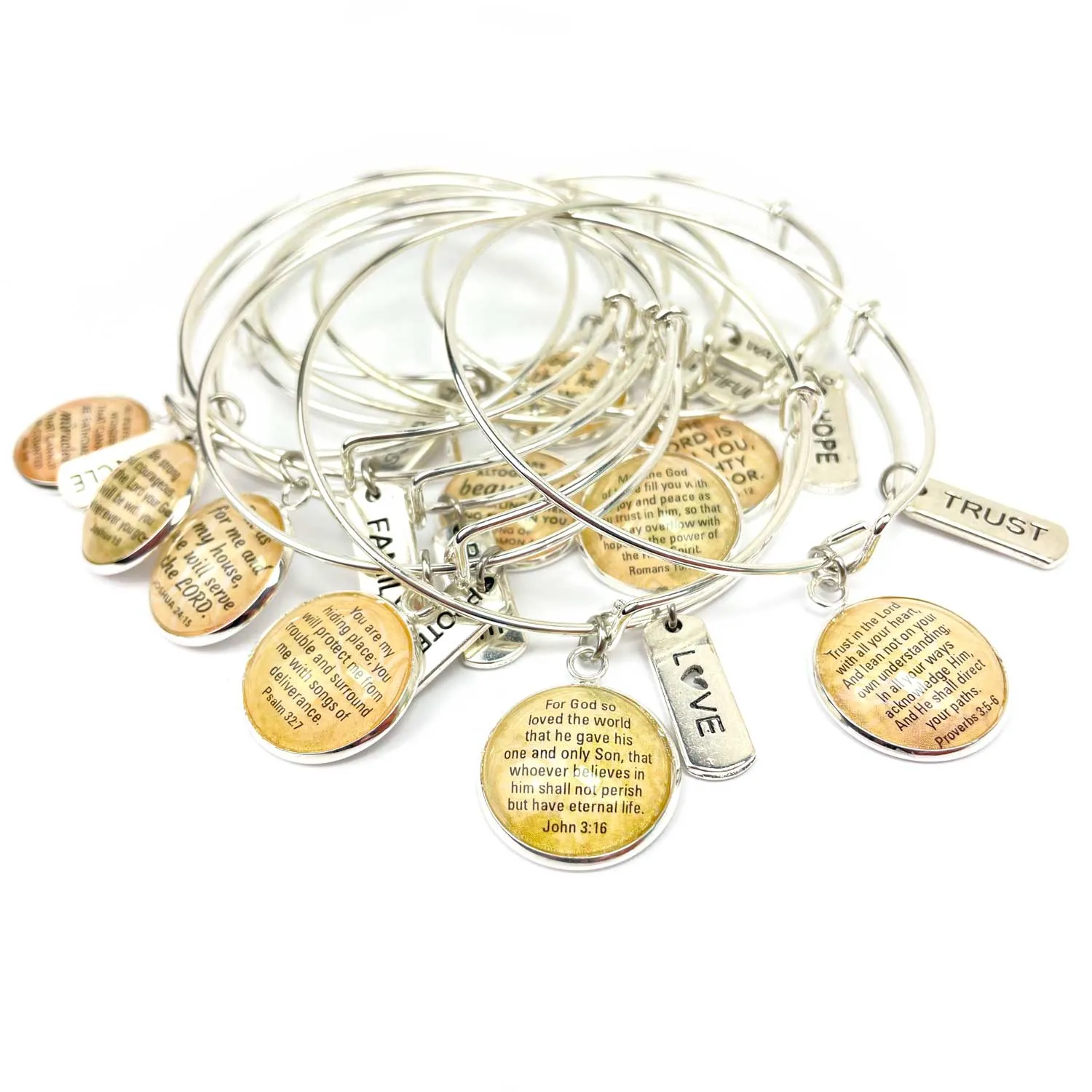 Enough, Faith, Family, Fearless, Forever, Word Scripture Charm Bangle Bracelet - Christian Affirmations Jewelry, Silver