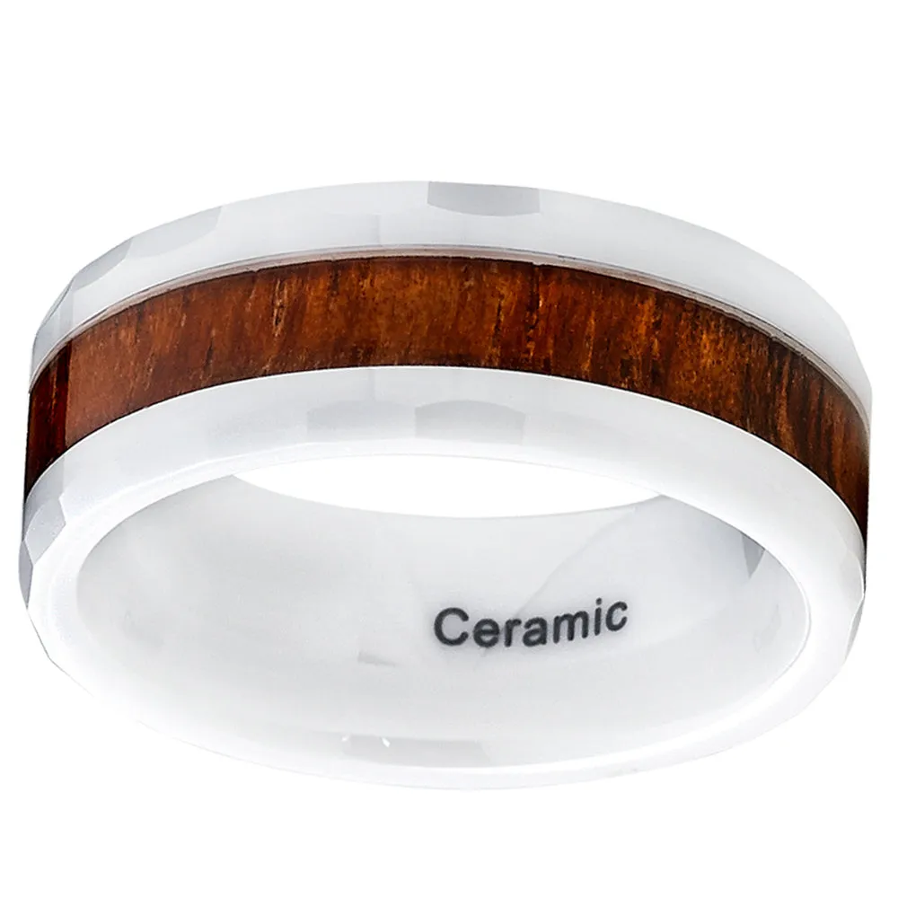 Faceted White Ceramic Men's Wedding Band Engagement Ring With Hawaiian Koa Wood Inaly, 8mm