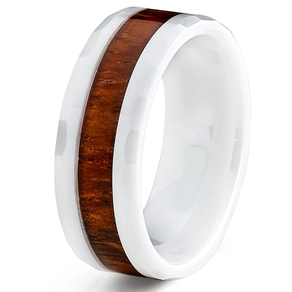 Faceted White Ceramic Men's Wedding Band Engagement Ring With Hawaiian Koa Wood Inaly, 8mm