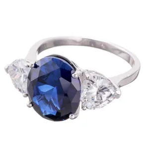 Five Carat Oval Imitation Sapphire Cubic Zirconia Engagement Ring In Sterling Silver