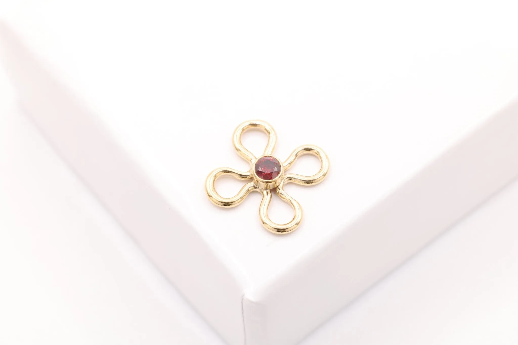 Flower Link, Red Garnet CZ Gold-Filled Wholesale Drop Charm, January Birthstone, Connector Charm