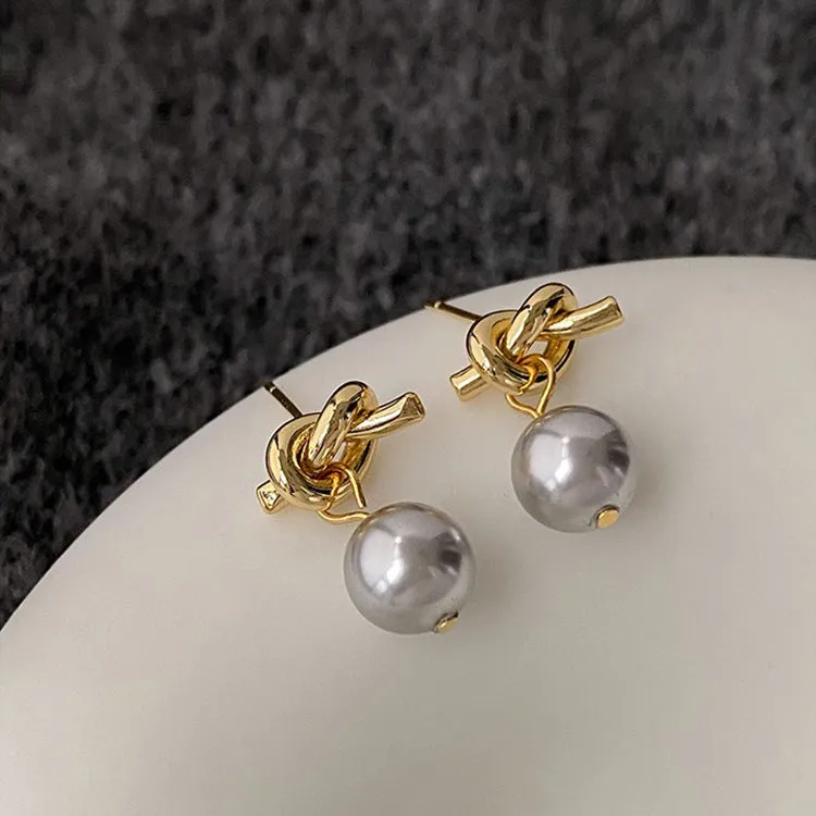 Gold Knot and Pearl Drop Earrings-jlt11647