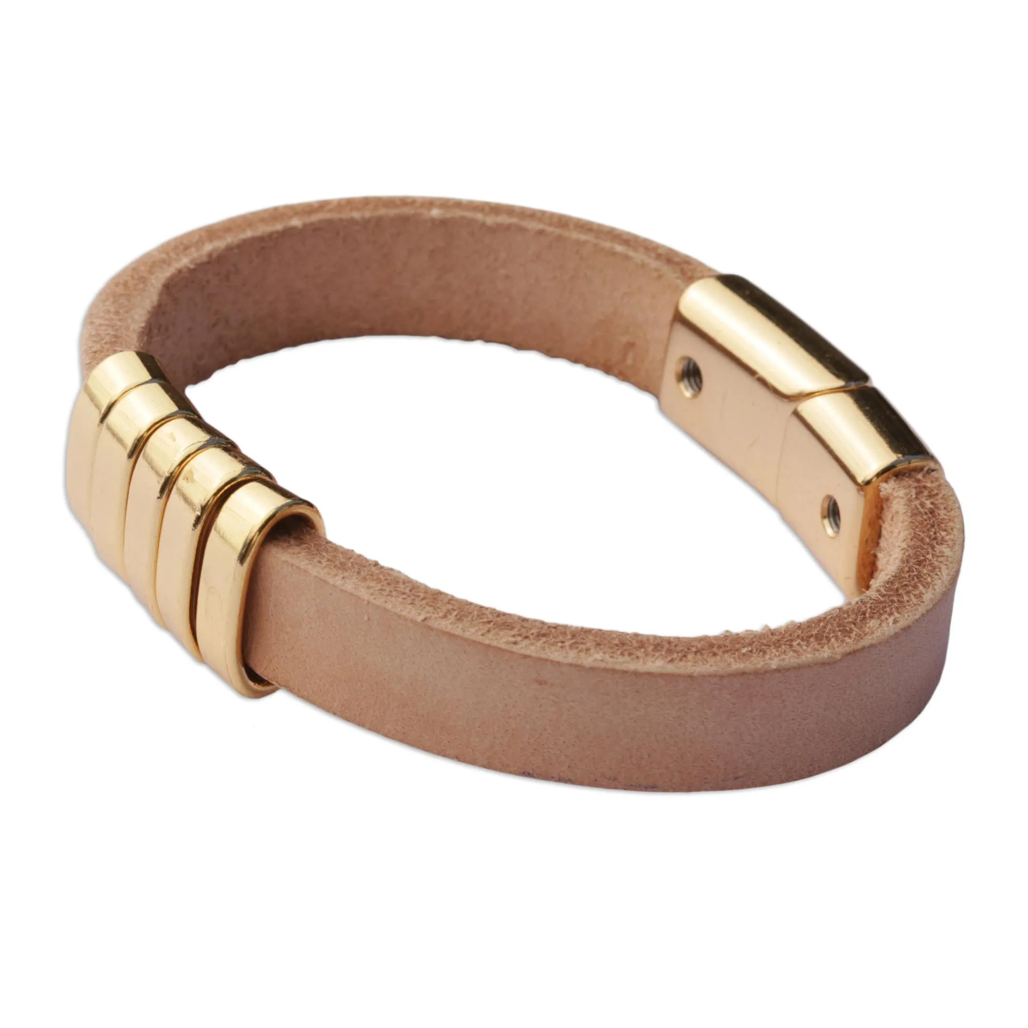 Golden Planets, Beige Universe Modern Beige and Gold Leather Wristband Bracelet from Brazil